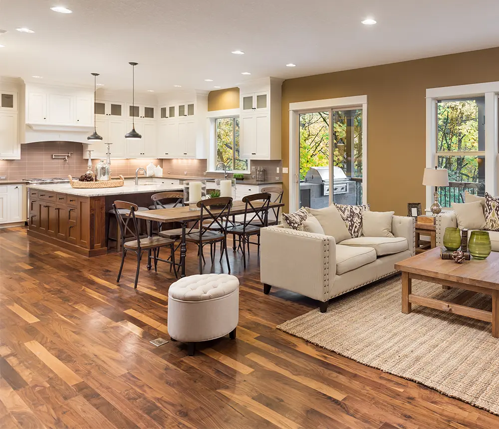 Open space kitchen and living space with hardwood floor cost