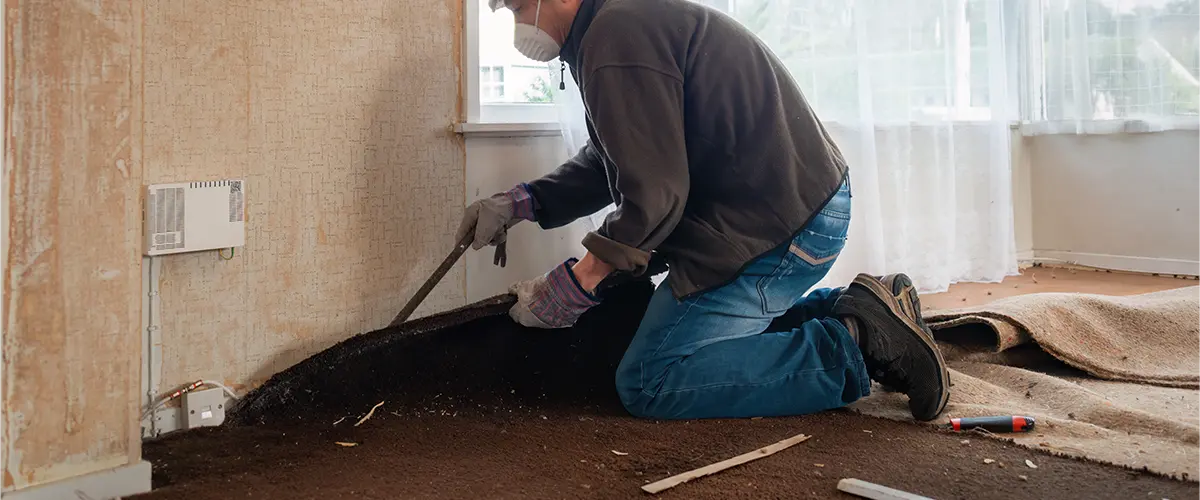A man removing a carpet