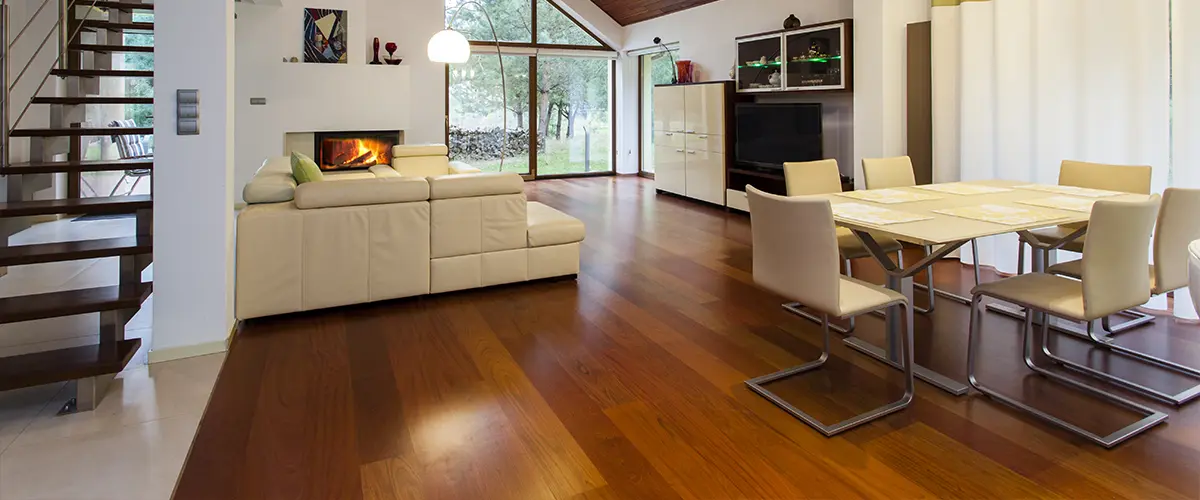 Hardwood flooring in an open space kitchen