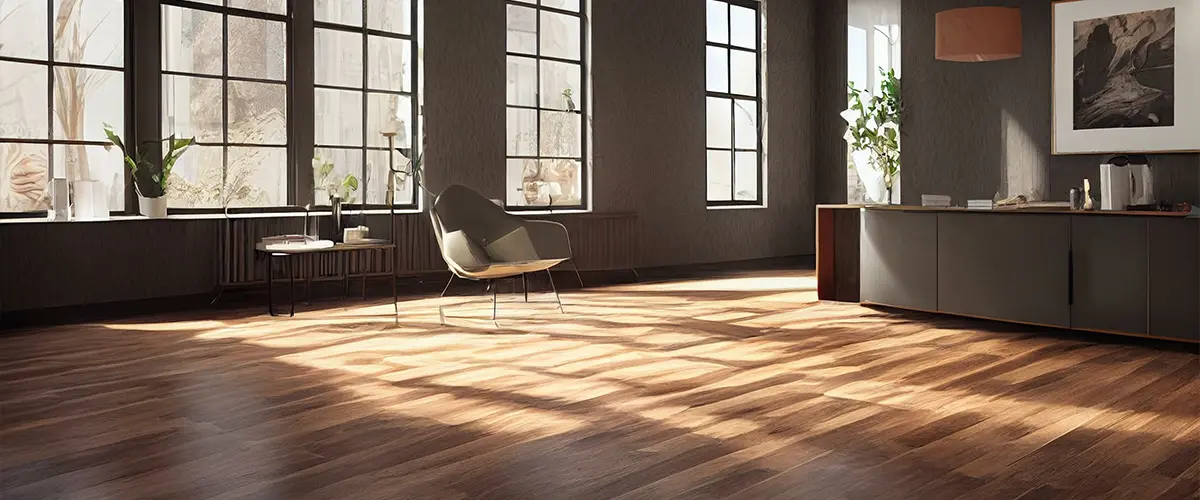 Laminate flooring in a large living space with many windows