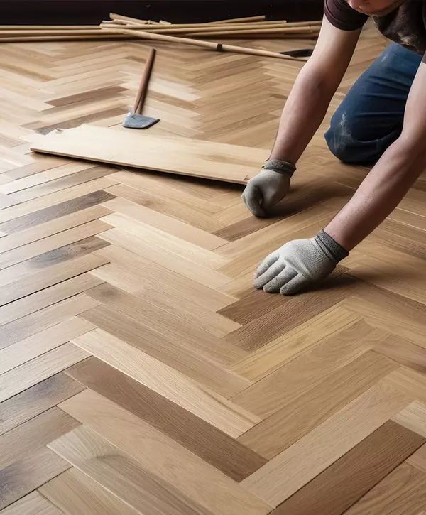 A craftsman laying parquet flooring Wood Flooring Construction In Modesto, Turlock, Tracy, And More Of CA