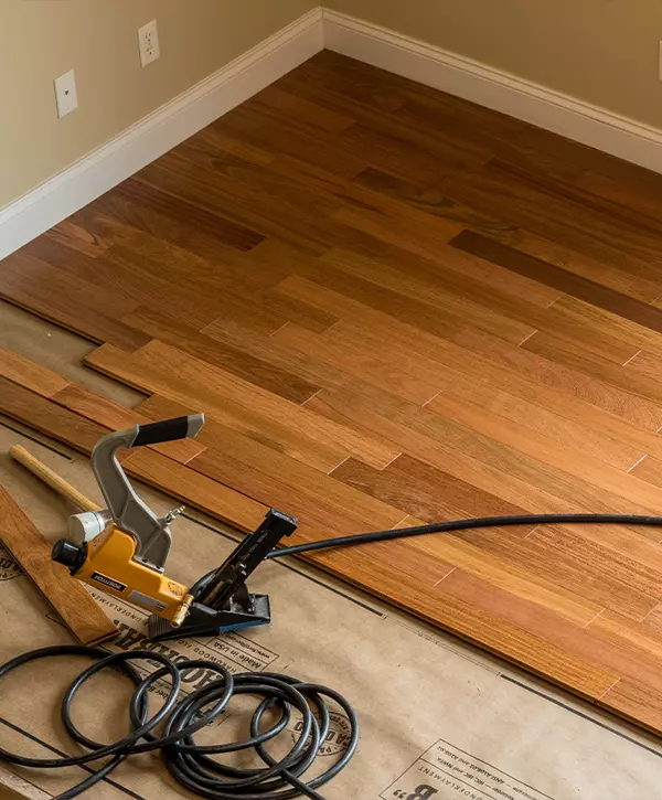 Professional Hardwood Floor Installation In Ceres, CA nailing gun ready to install Brazilian Cherry tropical hardwood flooring