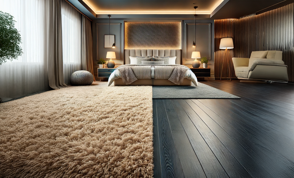 A room seperated with half carpeted and half hardwood